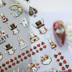 3D embossed Alice in Wonderland rabbit magic nail stickers with gold outlines