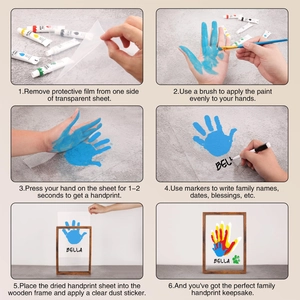 Detailed six-step visual guide for creating DIY handprint art in a wooden frame set