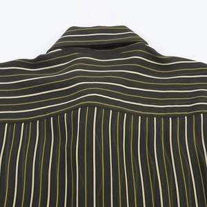 Detail of striped shirt back showing collar and shoulder seam with olive and white stripes