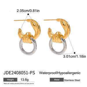 Detailed view of two-tone stainless steel earrings with waterproof features and dimensions