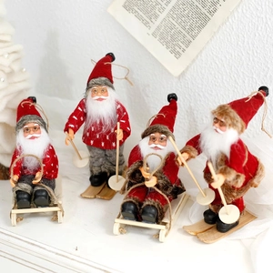 Santa Claus Figurine Christmas Ornament Skiing Sleigh Style Wooden Fabric Desktop Decoration Festive Nordic Gift Doll
