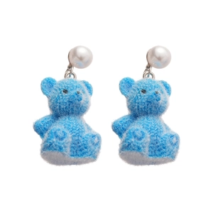 Sweet blue flocked bear earrings with white pearl studs and silver needle hooks