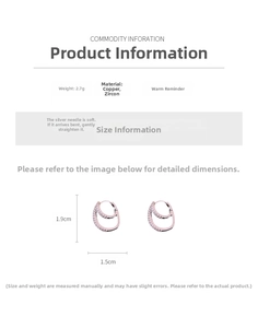Detail view of double circle zircon earrings with dimensions 1.9cm height and 2.7g weight