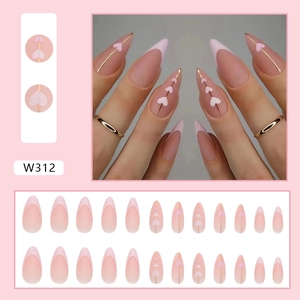 Pink French stiletto press-on nails with gold lines and white hearts, full kit W312