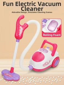 Close-up of kids electric vacuum cleaner toy with rotating beads and purple tube