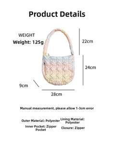 Detail view of pink gradient quilted puffer bag showing 125g lightweight specs and dimensions