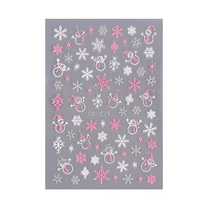 Christmas nail stickers with pink and white snowflakes and snowman patterns on sheet CO-029