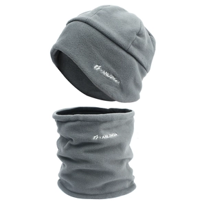 Thick grey polar fleece thermal beanie and neck warmer set with white embroidery