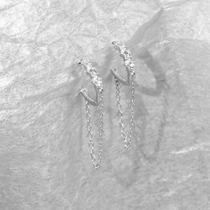 S925 Sterling silver star hoop earrings with zircon stones and dangling fringe chains