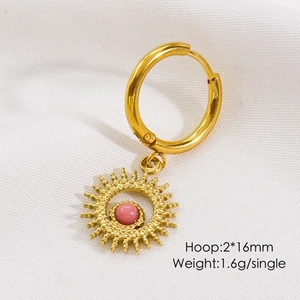 Detail of gold hoop earring with pink stone sun charm and size specs 16mm