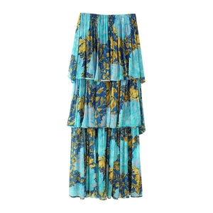 Bohemian Strapless Tiered Maxi Dress Polyester Chiffon Floral Print Ruffle Pleated Summer Vacation For Women