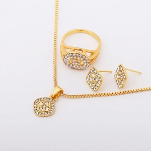 Luxe geometric alloy jewelry set with pavé rhinestones including necklace, ring and earrings