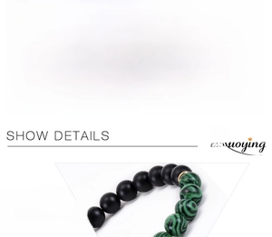 Detail of 8mm malachite and matte stone beaded bracelet with adjustable braided cord