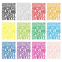 Matrix showing 12 vibrant colors of 6-inch waterproof A-Z alphabet stickers for multi-use