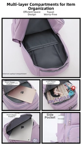 Detail of purple waterproof nylon backpack with multi-layer laptop compartment and zip pockets
