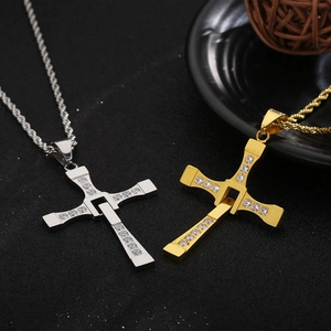 Fast and Furious Toretto cross necklace with rhinestones in gold and silver finish