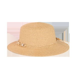 Chic women's wide brim straw sun hat with stylish gold chain accent in natural beige