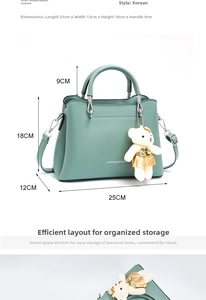 Detaillierte Größentabelle der minzgrünen PU-Handtasche mit Bärenanhänger und Maßen 25x12x18cm