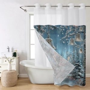 Detail view of winter forest print shower curtain with metal grommets in modern bathroom