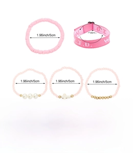 Detailed view of pink 5-piece bead bracelet set with WWJD charms and size measurements