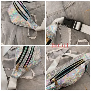 Holographic laser waist bag with three zipper pockets and adjustable white strap