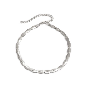 Detail of silver twisted herringbone chain with lobster clasp and adjustable extender
