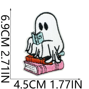 Detailed embroidery patch showing a cute ghost reading on books with precise size scale
