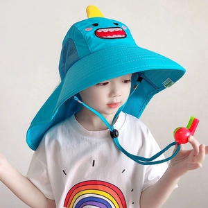 Detail of blue dinosaur sun hat with breathable mesh and adjustable chin strap for kids