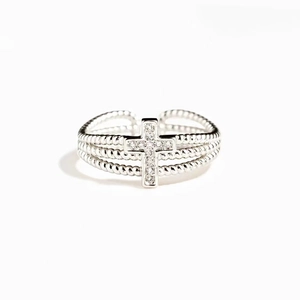 Minimalist S925 sterling silver triple layer woven ring with a zircon cross detail