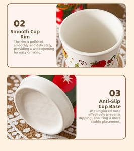 Detail of smooth rim and anti-slip base on a Christmas themed ceramic coffee mug