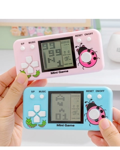 Handheld view of pink and blue mini retro tetris game consoles with cartoon insects