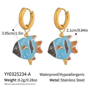 Detail showing tropical blue fish earrings dimensions and stainless steel material specs
