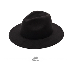 Detailed side view of black wool fedora hat with firm brim and classic crown design