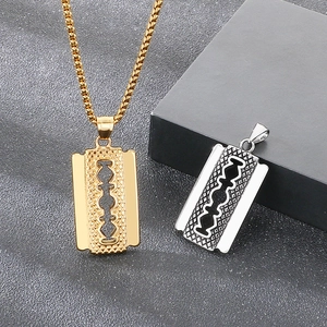 Punk style stainless steel razor blade pendant necklace with textured diamond pattern