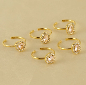 Set of five adjustable 18k gold plated rings with colorful zircon heart and teardrop stones