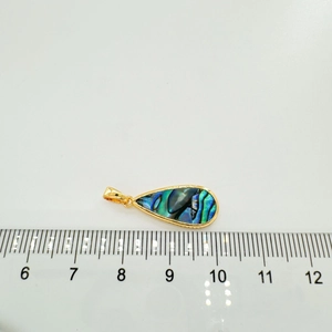 Detailed size measurement of a teardrop abalone shell pendant in 18k gold-plated brass