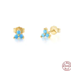 S925 sterling silver gold plated lucky clover stud earrings with blue turquoise stones