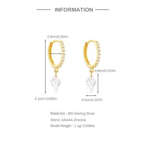 Detailed dimension guide for gold S925 silver earrings with diamond-cut zircon pendants