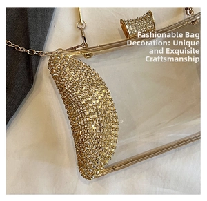 Close-up of transparent evening bag with gold metal frame and crescent rhinestone buckle