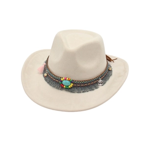 Bohemian style beige felt cowboy hat with ethnic beaded band and turquoise accent