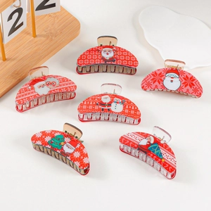 Set of 6 festive red Christmas hair claws featuring Santa and snowmen patterns