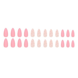 Set of 24 pink matte almond press-on nails featuring delicate floral patterns and designs