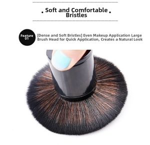 Macro shot of fluffy mushroom-shaped makeup brush head with dense black-brown bristles