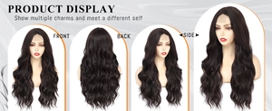 Detailed views of long wavy synthetic lace wig from front, side and back perspectives