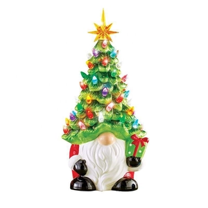 Lighted ceramic gnome Christmas tree with green hat and glowing star top ornament