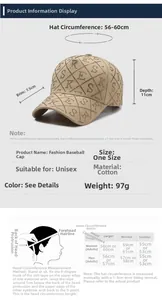 Guide des tailles de casquette de baseball montrant la circonférence de 56-60cm et le coton