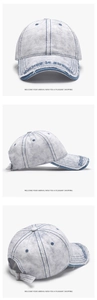 Detail of light blue denim baseball cap with embroidery and distressed brim texture