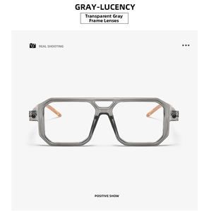Front view of double-bridge square eyewear in translucent gray with tortoise temples