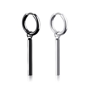 Unisex Titanium Steel Long Stick Drop Earrings Punk Minimalist Metal Bar Dangle Hoop Earring Clip Non Pierced Jewelry
