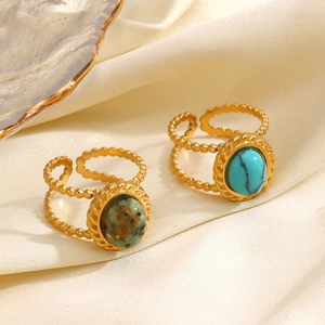 Adjustable gold stainless steel rings set with oval turquoise and jasper stones